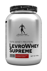 Levro Whey Supreme by Kevin Levrone, 100% whey protein supplement in a silver container.